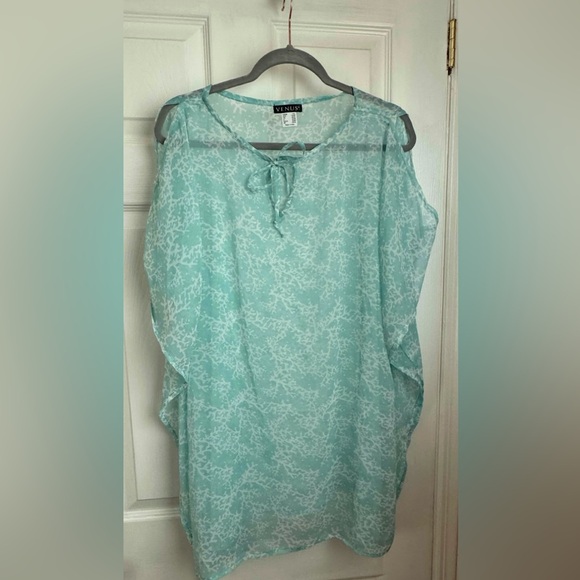 Venus Sheer Seafoam Green Print Ciffon Caftan Cover-Up / Size Large - Picture 1 of 5